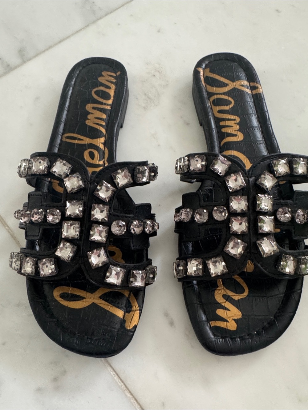 Sam Edelman Slip on Black Sandals with Gem Embellishments. Size 8M - Picture 6 of 8
